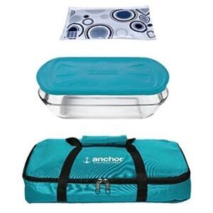 NWT Anchor Hocking 3Qt Essentials Bakentake Tote, medium Teal Blue & Clear